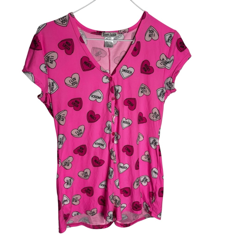 Pink sweet hearts valentine hard candy button front shorts soft sleep romper